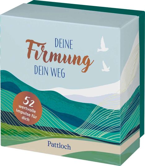 "Deine Firmung Dein Weg", "52 wertvolle Impulse für dich", "Pattloch". Illustration von Hügeln und zwei Vögeln.