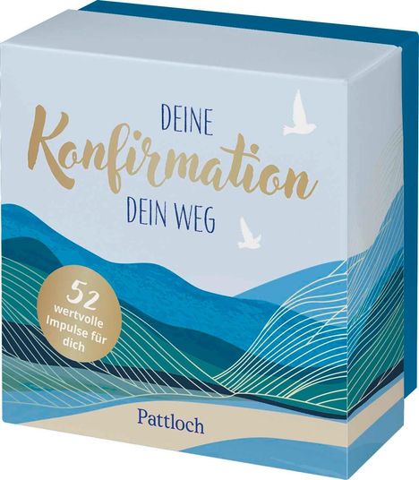 "Deine Konfirmation. Dein Weg." "52 wertvolle Impulse für dich." Berglandschaft mit fliegenden weißen Tauben.