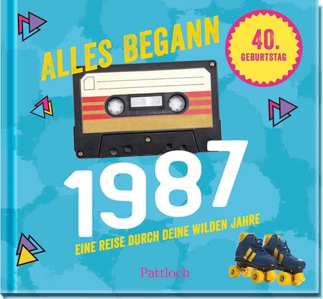 Text: "ALLES BEGANN 1987", "40. Geburtstag", "Eine Reise durch deine wilden Jahre". Illustration: Kassette, Rollschuhe.