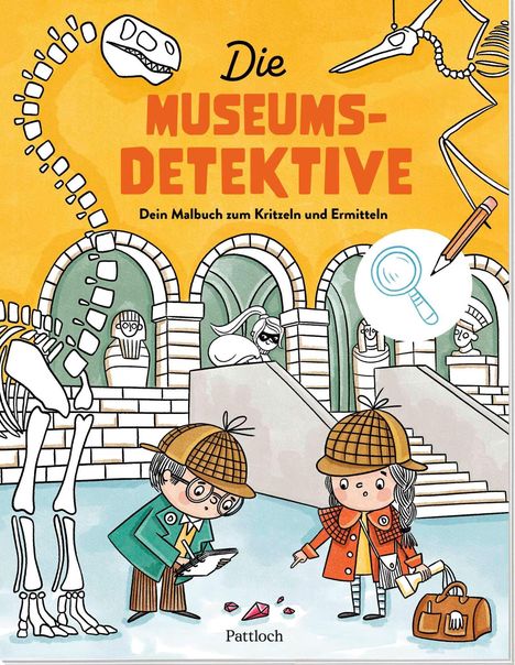 "Die Museumsdetektive. Dein Malbuch zum Kritzeln und Ermitteln." Zwei Kinder in Detektivkleidung im Museum.
