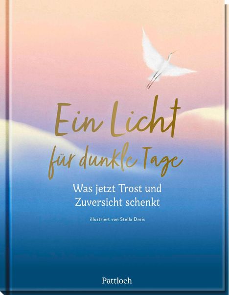 „Ein Licht für dunkle Tage. Was jetzt Trost und Zuversicht schenkt.“ Ein Vogel fliegt über einen pastellfarbenen Himmel.