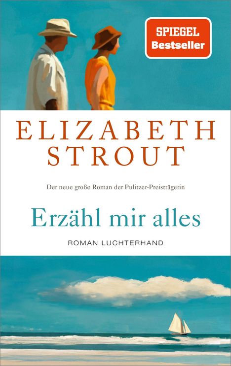 "ERZÄHL MIR ALLES. Zwei Personen am Strand, der Himmel blau. Ein Segelboot auf dem Meer. Roter Bestseller-Hinweis."