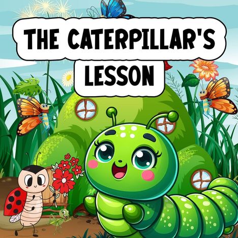 "THE CATERPILLAR'S LESSON" steht in einem kindlichen Stil über einem grünen Cartoon-Raupe in einer bunten Wiesenlandschaft.