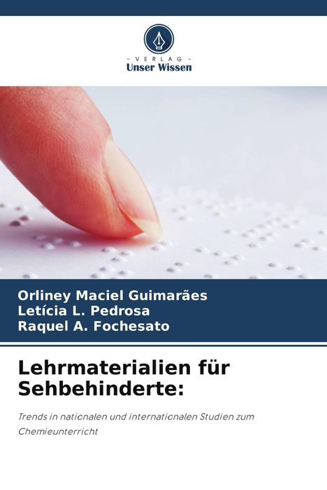 Logo "Verlag Unser Wissen", Titel: "Lehrmaterialien für Sehbehinderte", Finger über Braille-Schrift.