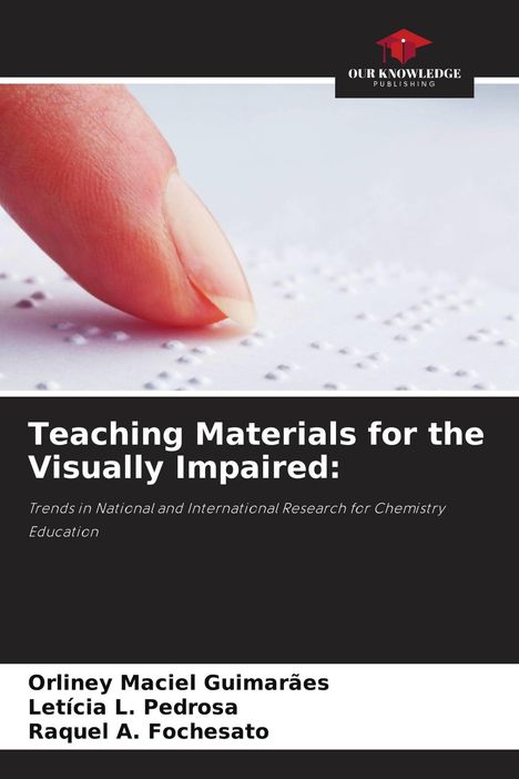 Text: "Teaching Materials for the Visually Impaired" und Autoren. Oben links ein Logo mit rotem Doktorhut. Finger über Blindenschrift.