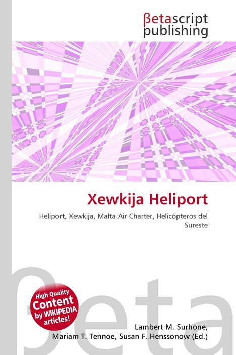 "Xewkija Heliport", abstrakte lilafarbene Grafik mit geometrischem Muster, Logo von Betascript Publishing oben.