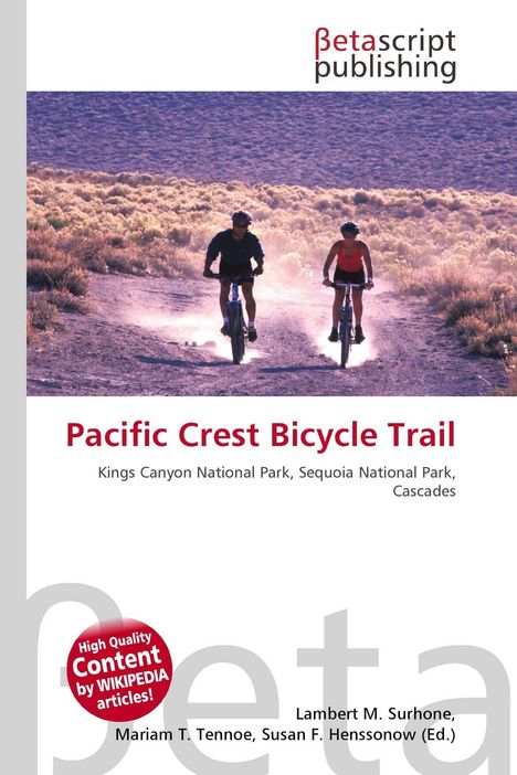 "Pacific Crest Bicycle Trail" steht in roter Schrift, darunter Nationalparks. Zwei Radfahrer auf einem staubigen Weg durch eine Landschaft.