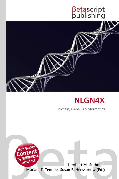 "NLGN4X: Protein, Gene, Bioinformatics" ist groß in der Mitte zu sehen. Abgebildet ist eine DNA-Helix auf dunklem Hintergrund.