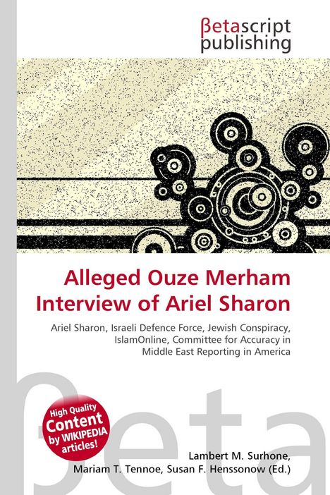 "Alleged Ouze Merham Interview of Ariel Sharon" in roter Schrift. Abstrakte Illustration mit Kreisen im Hintergrund.