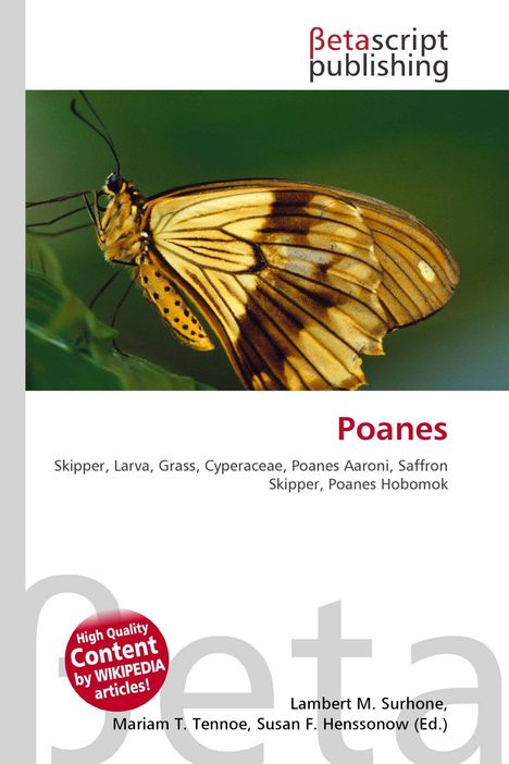 Text: "Poanes, Skipper, Larva, Grass, Cyperaceae...". Ein bunter Schmetterling sitzend auf einem grünen Hintergrund.