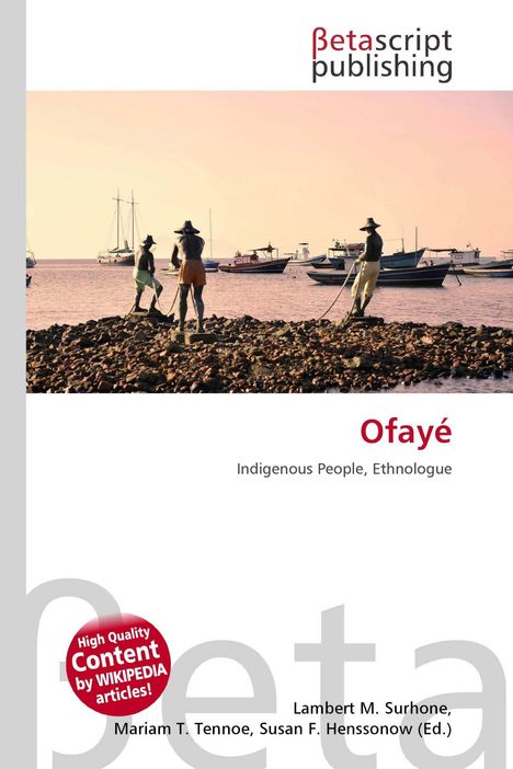 "Betascript publishing, Ofayé, Indigenous People, Ethnologue." Drei Fischer mit Hüten am Ufer, Boote im Hintergrund.