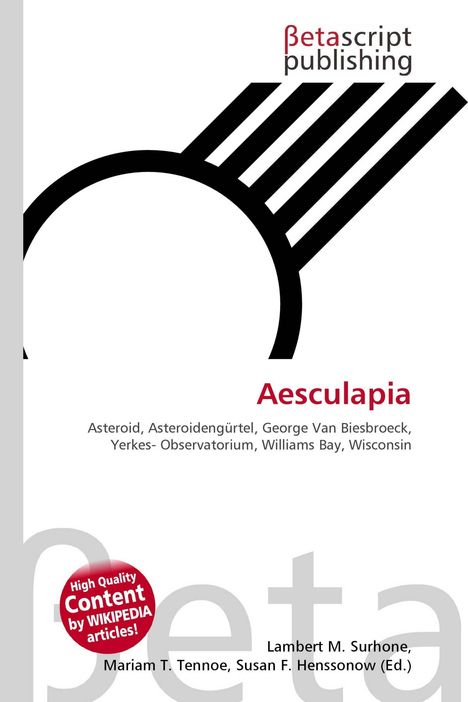 Text: "Aesculapia, Asteroid, Asteroidengürtel, George Van Biesbroeck, Yerkes-Observatorium, Williams Bay, Wisconsin."  
Logo: Schwarze Linien und Kreise.