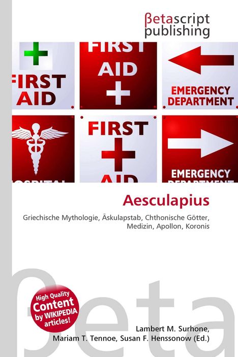 "Aesculapius" in Rot, darunter Begriffe zur griechischen Mythologie. Oben Logos mit "FIRST AID" und medizinischen Symbolen.