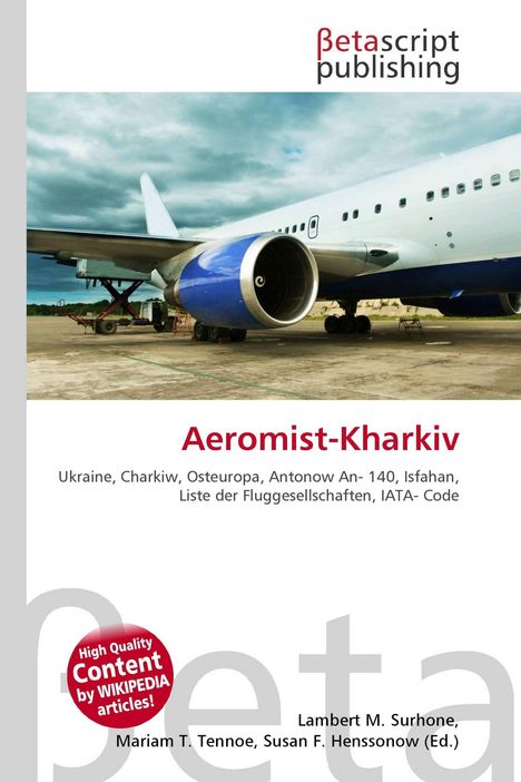 "Aeromist-Kharkiv" vorne, düsengetriebenes Flugzeug am Boden, blauer Himmel, Betascript-Logo oben.