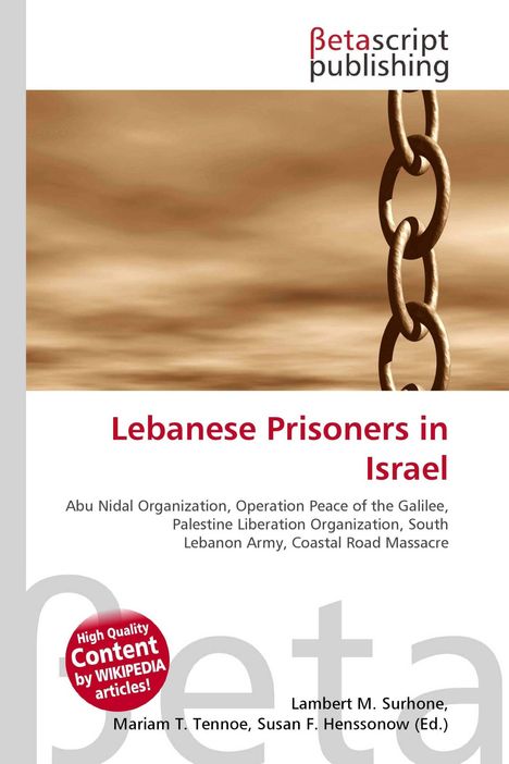 "Lebanese Prisoners in Israel" in roter Schrift mit einer Kette, vertikal angeordnet, auf braunem Hintergrund.