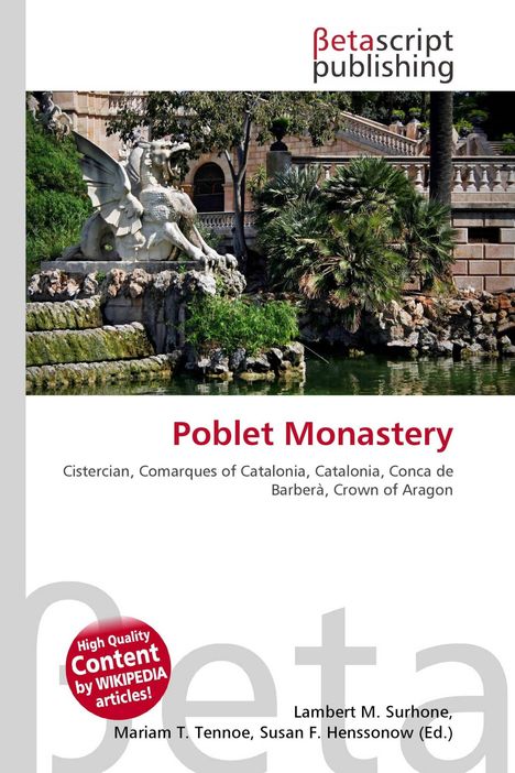 "Poblet Monastery" in roter Schrift. Darunter: "Cistercian, Comarques of Catalonia...". Bild zeigt eine Gartenlandschaft mit Skulptur.