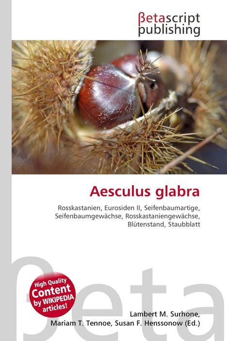 "Aesculus glabra" in roter Schrift, Rosskastanien-Themen. Nahaufnahme von Kastanie in stacheliger Hülle.