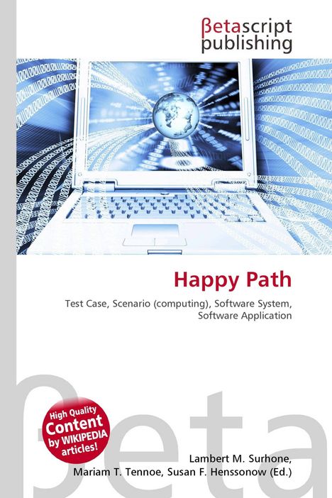 "Happy Path" Titel, illustratives Design mit einem Laptop und digitalem Globus, umgeben von binärem Code.