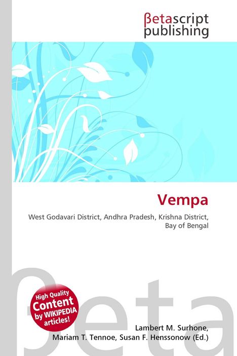 "Vempa" und Bezug zu indischen Distrikten. Oberer Teil mit floraler hellblauer Illustration, Logo von Betascript Publishing.