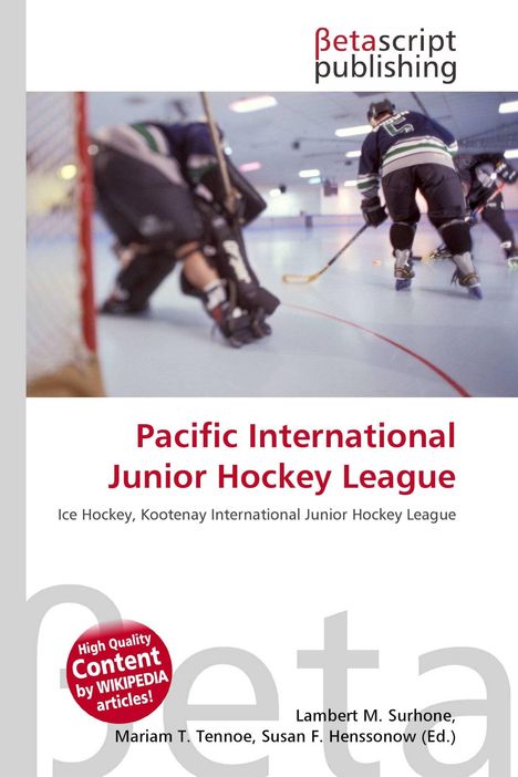 Text: "Pacific International Junior Hockey League. Ice Hockey, Kootenay International Junior Hockey League." Verschwommenes Eishockey-Spiel.