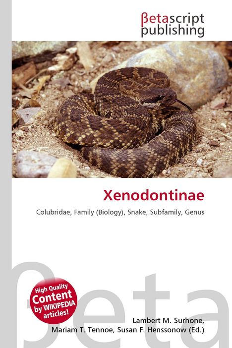 Titel: Xenodontinae. Labels: Colubrid, Snake. Logo oben. Eine zusammengerollte braune Schlange auf Sand.
