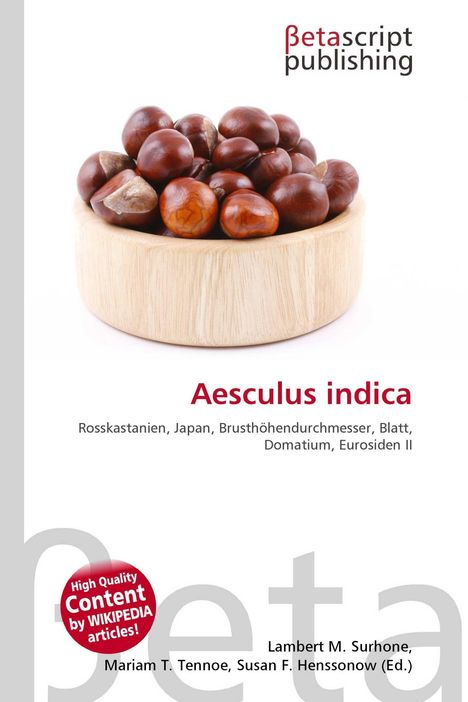 "Aesculus indica" in Rot, darunter Begriffe wie "Rosskastanien", darüber ein Holzschälchen mit Kastanien.