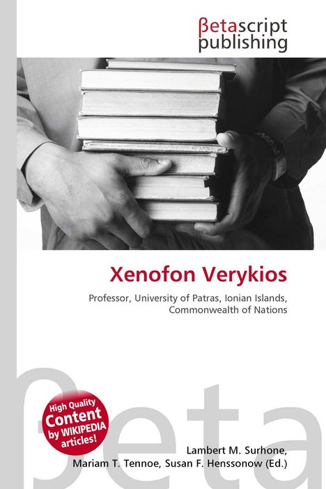 "Betascript Publishing, Xenofon Verykios, Professor, University of Patras. Schwarz-weißes Bild von Händen, die Bücher halten."