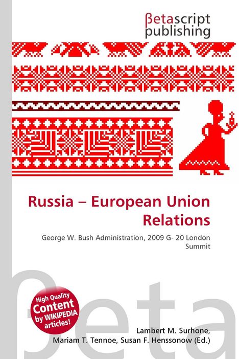 "Russia – European Union Relations" steht in der Mitte. Darüber rote Muster und eine rote Figur rechts. Unten Lektorennamen.