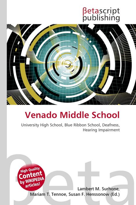 "Venado Middle School" - Text mit school listing. Logo oben. Abstrakte konzentrische Kreise in Gelb und Blau.