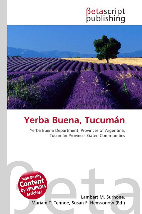 Betascript Publishing Logo, "Yerba Buena, Tucumán", lila Lavendelfeld mit Baum, Berge im Hintergrund, Autoren unten.
