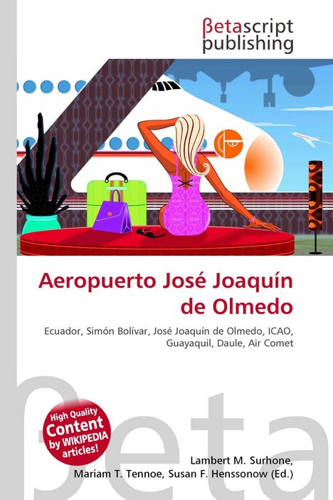 Titel: "Aeropuerto José Joaquín de Olmedo". Frau sitzt am Flughafen, blickt auf Flugzeug. Koffer und Tasche sind neben ihr.