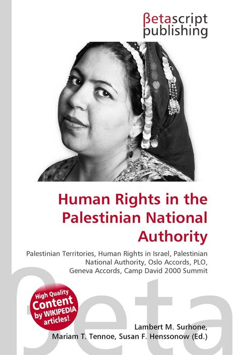 Titel: Human Rights in the Palestinian National Authority. Schwarz-weiß Porträt einer Frau mit traditionellem Kopfschmuck.