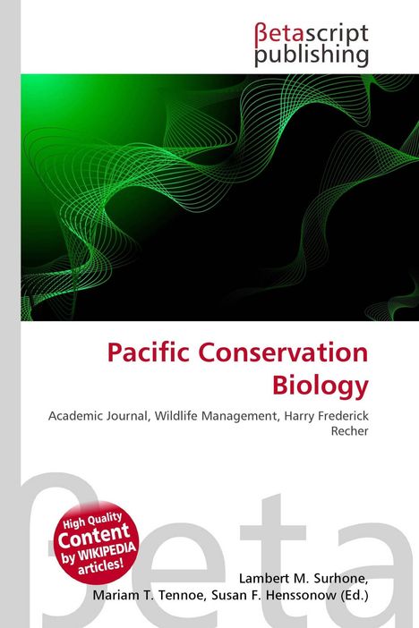 "Pacific Conservation Biology," akademisches Journal. Grünes, geschwungenes Linienmuster oben, roter Kreis "High Quality Content".
