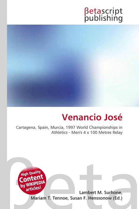 Titel "Venancio José", Infos zu Leichtathletik-Weltmeisterschaften 1997, abstrakte blaue Grafik, Logo Betascript Publishing.