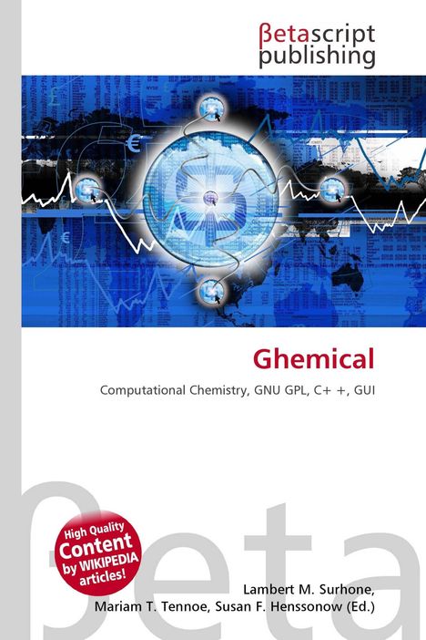 "Ghemical, Computational Chemistry, GNU GPL, C++, GUI." Grafik mit technischen Elementen und wirtschaftlichen Diagrammen.