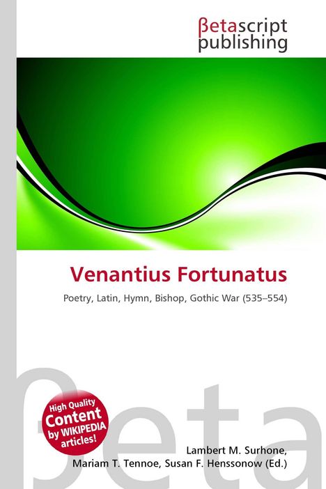 „Venantius Fortunatus“ in Rot, Themen wie „Poetry“, „Latin“, „Hymn“. Grünes und schwarzes wellenförmiges Design.