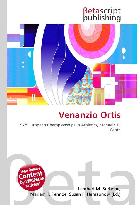 Titel: Venanzio Ortis. Text: 1978 European Championships in Athletics, Manuela Di Centa. Farbige abstrakte geometrische Muster.