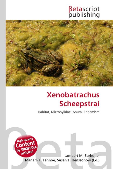 Text: "Xenobatrachus Scheepstrai", "Habitat, Microhylidae, Anura, Endemism". Frosch auf sumpfigem Boden, "Betascript publishing" Logo.