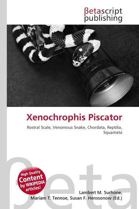 „Xenochrophis Piscator“ steht groß in Rot. Eine schwarz-weiß gestreifte Schlange windet sich um ein Objekt.