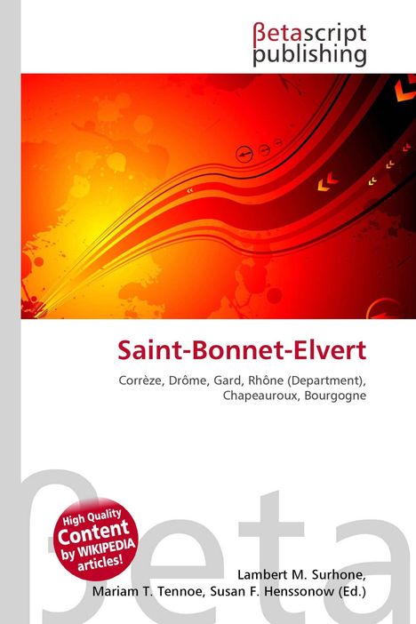 Text: "Saint-Bonnet-Elvert, Corrèze, Drôme, Gard, Rhône (Department), Chapeauroux, Bourgogne." Rotes, abstraktes Design mit Wellen.