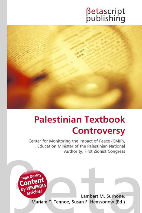 "Palestinian Textbook Controversy", Betascript publishing; verschwommenes Buchseite im Hintergrund.