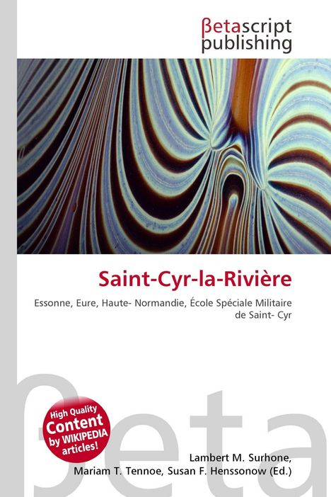 "Saint-Cyr-la-Rivière", Betascript Publishing Logo, abstraktes Flächenmuster, rot-weißer Textaufkleber.