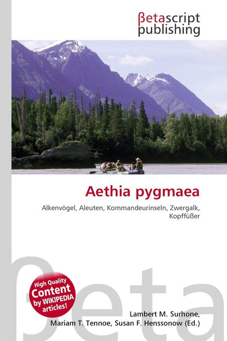 Betascript Publishing, Aethia pygmaea, Alkenvögel, Aleuten, Kommandeurinseln, Zwergalk, Kopffüßer. Leute auf einem Floß, Berge im Hintergrund.