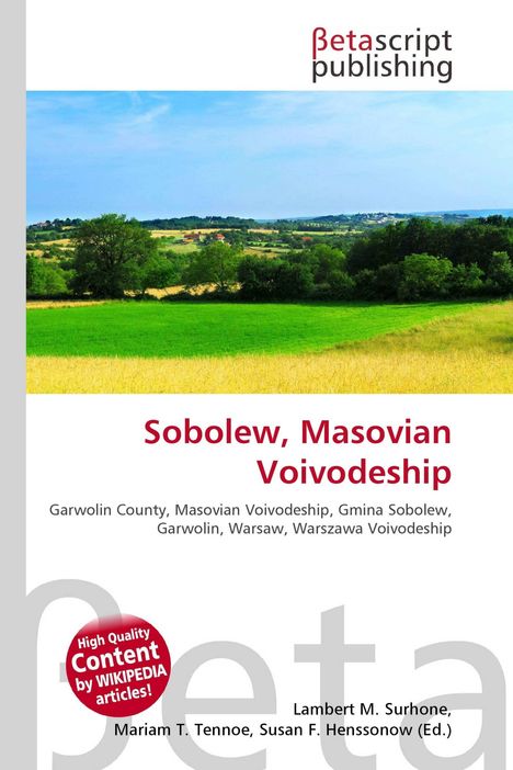 "Sobolew, Masovian Voivodeship" steht auf weißem Hintergrund. Landschaft mit grünen Feldern und Bäumen, blauer Himmel darüber.