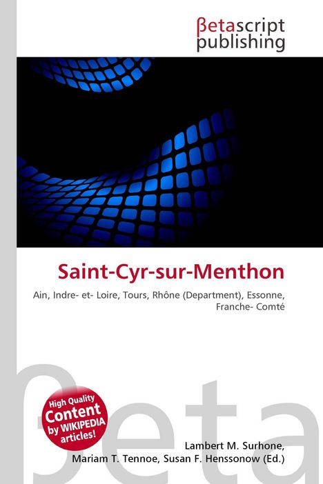 "Saint-Cyr-sur-Menthon" in roter Schrift, darunter: Städte und Regionen. Grafik mit blauen quadratischen Mustern.