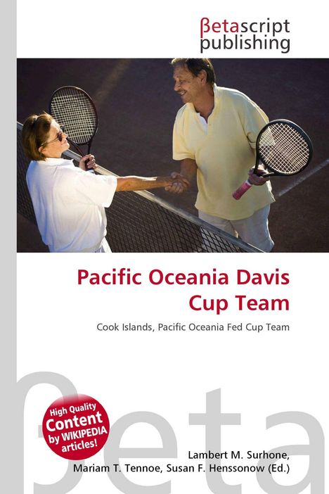 "Pacific Oceania Davis Cup Team" steht in Rot, darunter "Cook Islands, Pacific Oceania Fed Cup Team". Zwei Personen schütteln die Hand am Tennisnetz.