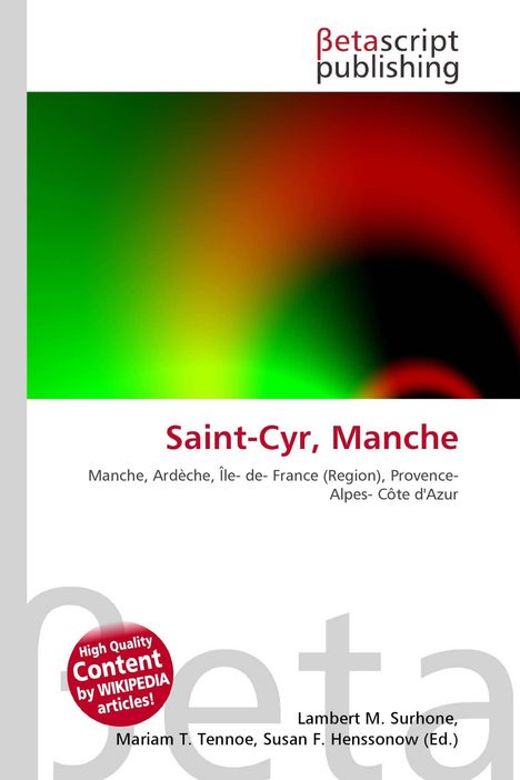 "Saint-Cyr, Manche" in roter Schrift. Buntes, verschwommenes Farbspiel mit grün, rot. "Betascript publishing" oben.