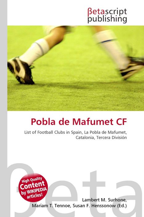 „Pobla de Mafumet CF“ steht groß geschrieben. Darunter: „List of Football Clubs in Spain...“. Zwei Beine in Fußballtrikots.