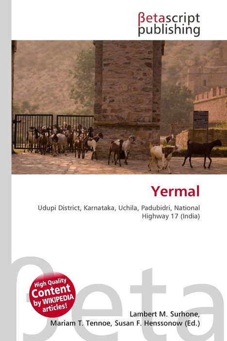 "Betascript Publishing" oben, "Yermal", Ortsbeschreibung in Indien unten. Bild zeigt Ziegenherde hinter Tor bei Mauer.