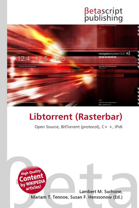 Rot-orange Grafik mit Text: "Libtorrent (Rasterbar)", "Open Source, BitTorrent (protocol), C++, IPv6", "Betascript publishing".